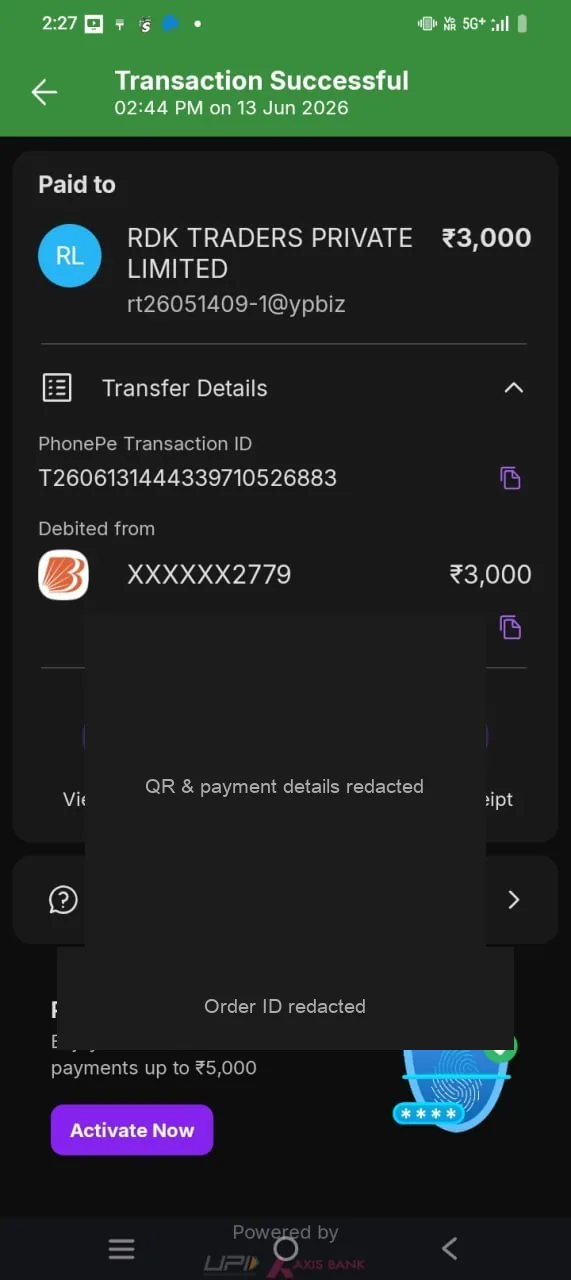 1GO Plus deposit cashier screenshot with QR code and order ID redacted