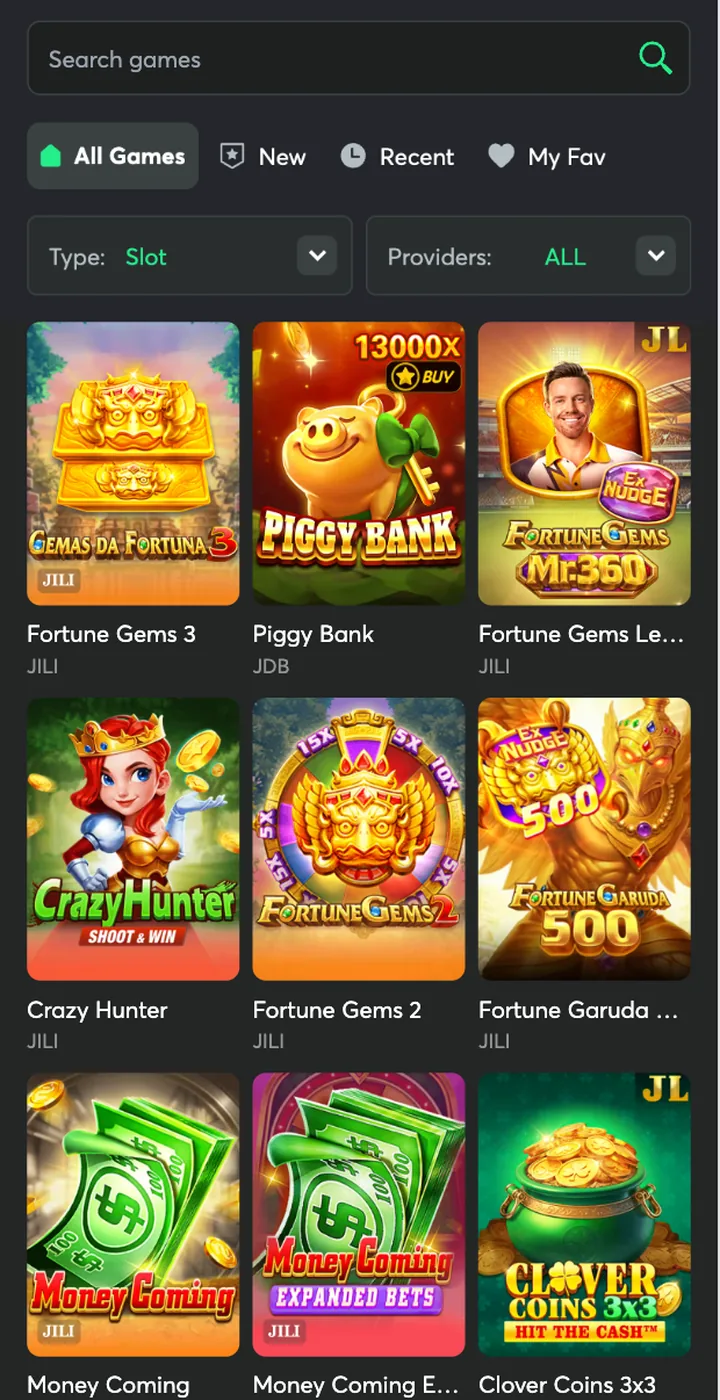 1GO Plus All Games lobby filtered to Slot with Fortune Gems, Money Coming and other casino slots