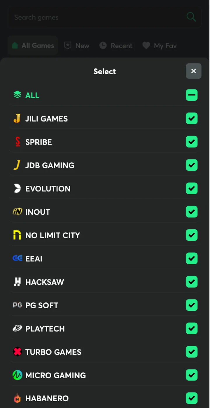1GO Plus provider filter listing Jili, PG Soft, Playtech, Hacksaw, Habanero and more