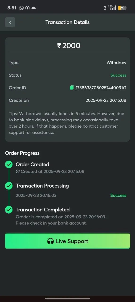 1GO Plus successful withdrawal of 2000 INR with order progress timestamps