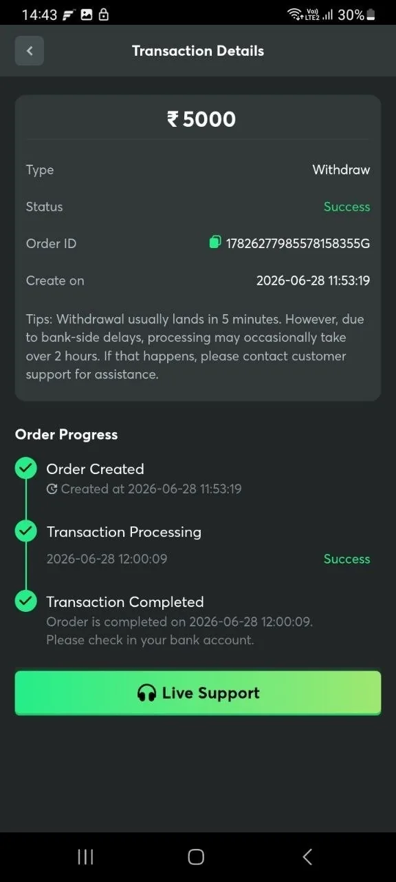 1GO Plus withdraw transaction details Success for 5000 rupees
